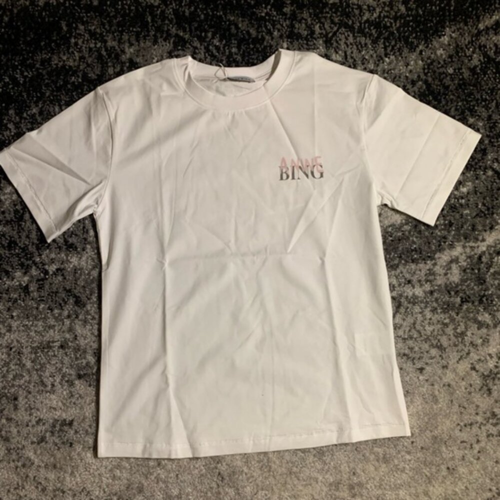 Anine Bing Pink Sprayed Logo Woman’s White T-Shirt Sizes Small, Medium Large